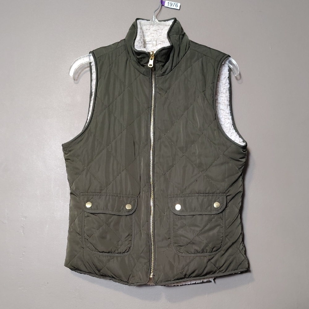 Love Tree Dark Green/Cream Faux Fur Reversible Puffer Vest Size M - Picture 1 of 9